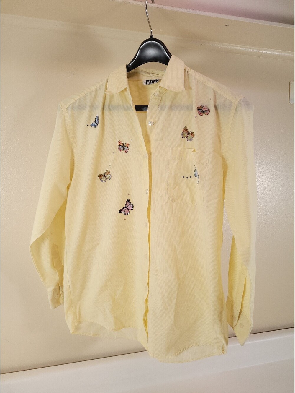 PTNY yellow button up shirt womens medium embroidered butterfly applique